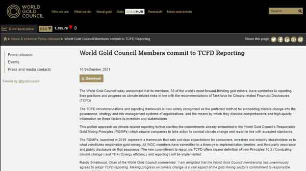 金年会官方网站入口等世界黄金协会成员承诺按照TCFD建议披露气候报告